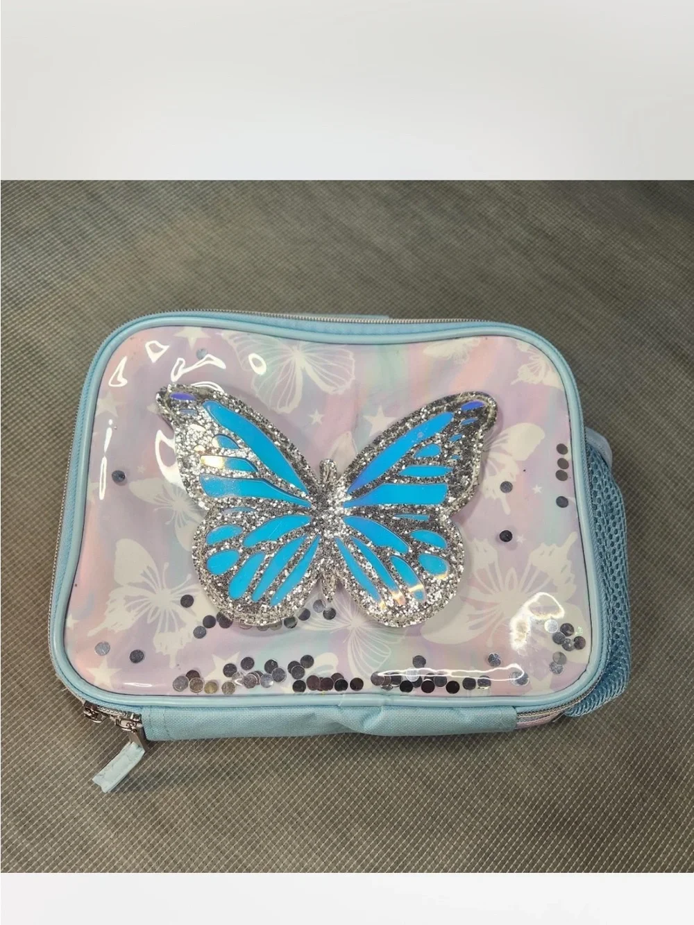 Girls Pastel Blue Glitter Butterfly Insulated Lunch Box / Bag